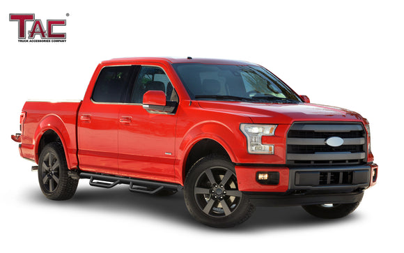 Fits 2015-2025 Ford F150 SuperCrew Cab| 2022-2025 F150 Lightning EV SuperCrew Cab|2017-2025 F250/350/450/550 Crew Cab| Running Boards| Side Steps| Nerf Bars| 4" Drop| Tubular Style| Fine Texture Black