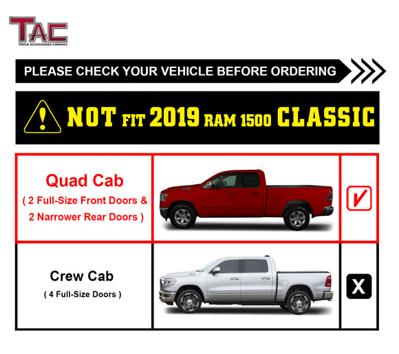 TAC Sniper Running Boards Fit 2019-2025 Dodge RAM 1500 Quad Cab (Excl. 2019-2024 Ram 1500 Classic) Truck Pickup 4" Fine Texture Black Side Steps Nerf Bars 2pcs