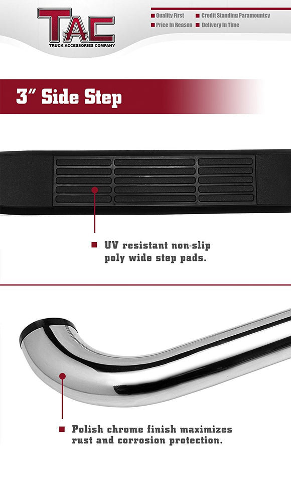 TAC 3" Stainless Steel Side Steps Compatible with 2001-2018 Chevy Silverado/GMC Sierra 1500 Crew Cab| 2001-2019 Silverado/Sierra 2500/3500 Crew Cab (Excl. C/K Classic)| Running Boards| Side Bars| Step Rails| Nerf Bars (2 PCS)