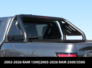 Fits 2002-2026 RAM 1500|2003-2026 RAM 2500/3500 Full Size Pickup Truck Roll Bar| Sport Bar| With Brake Light| Carbon Steel Black(Include Mount Plate of LED Light) - 0