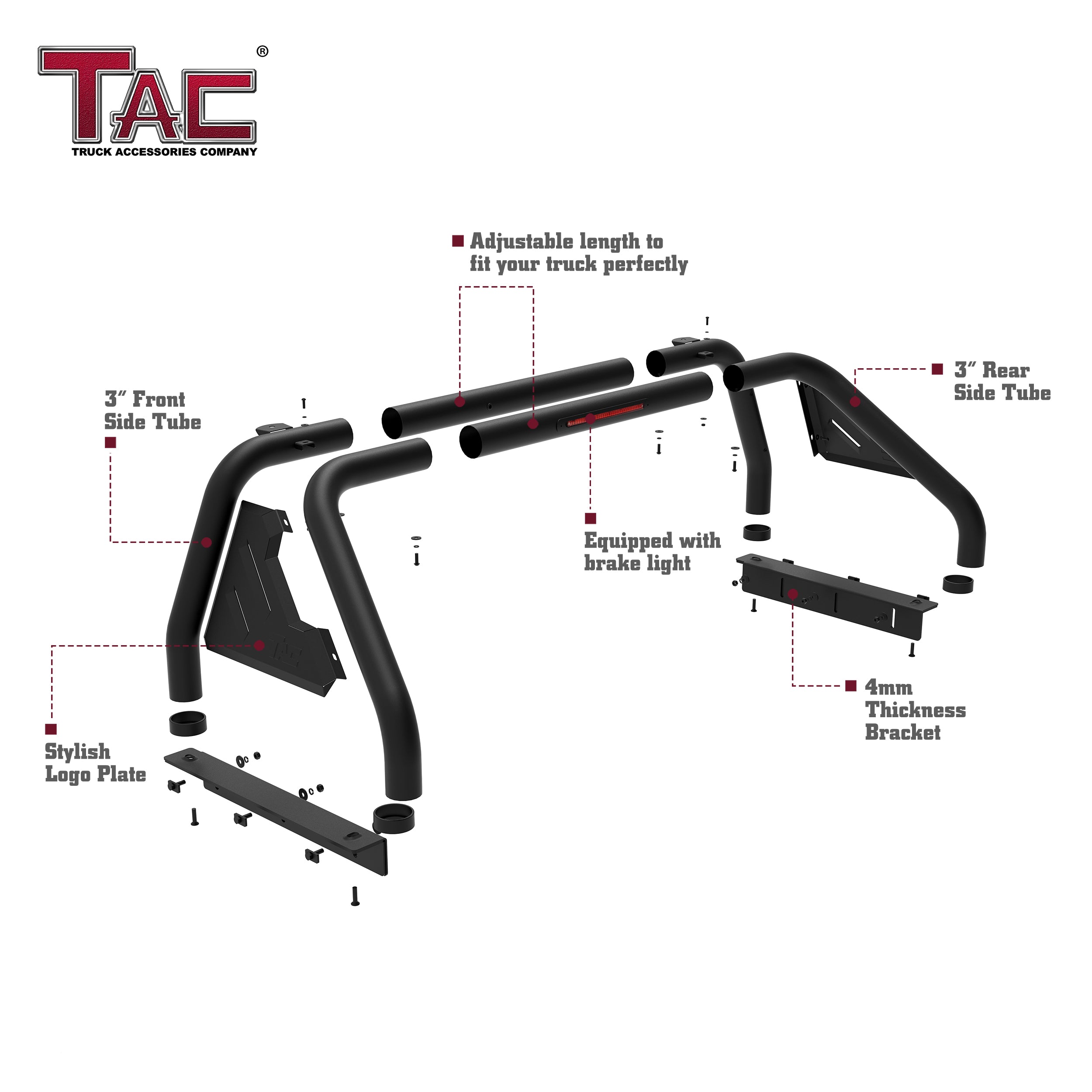 Fits 2002-2024 RAM 1500|2003-2024 RAM 2500/3500 Full Size Pickup Truck Roll Bar| Sport Bar| With Brake Light| Carbon Steel Black(Include Mount Plate of LED Light)