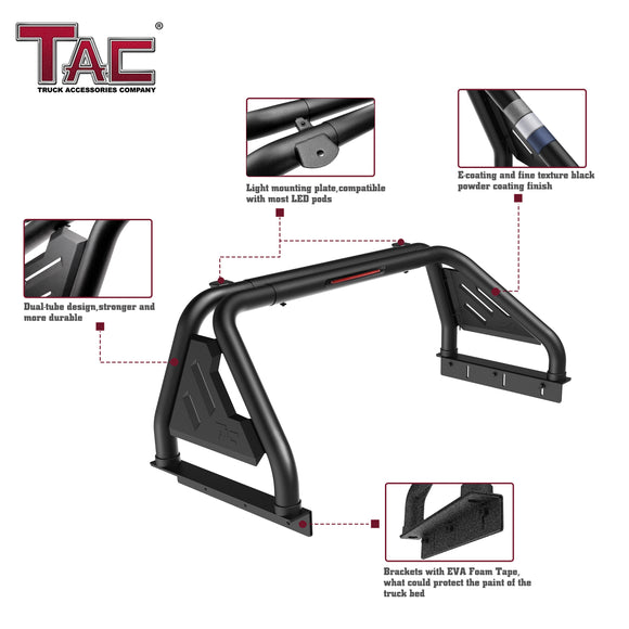 Fits 2007-2018 Silverado/Sierra 1500/2500/3500 Full Size Pickup Truck Roll Bar| Sport Bar| With Brake Light| Carbon Steel Black (Include Mount Plate of LED Light)