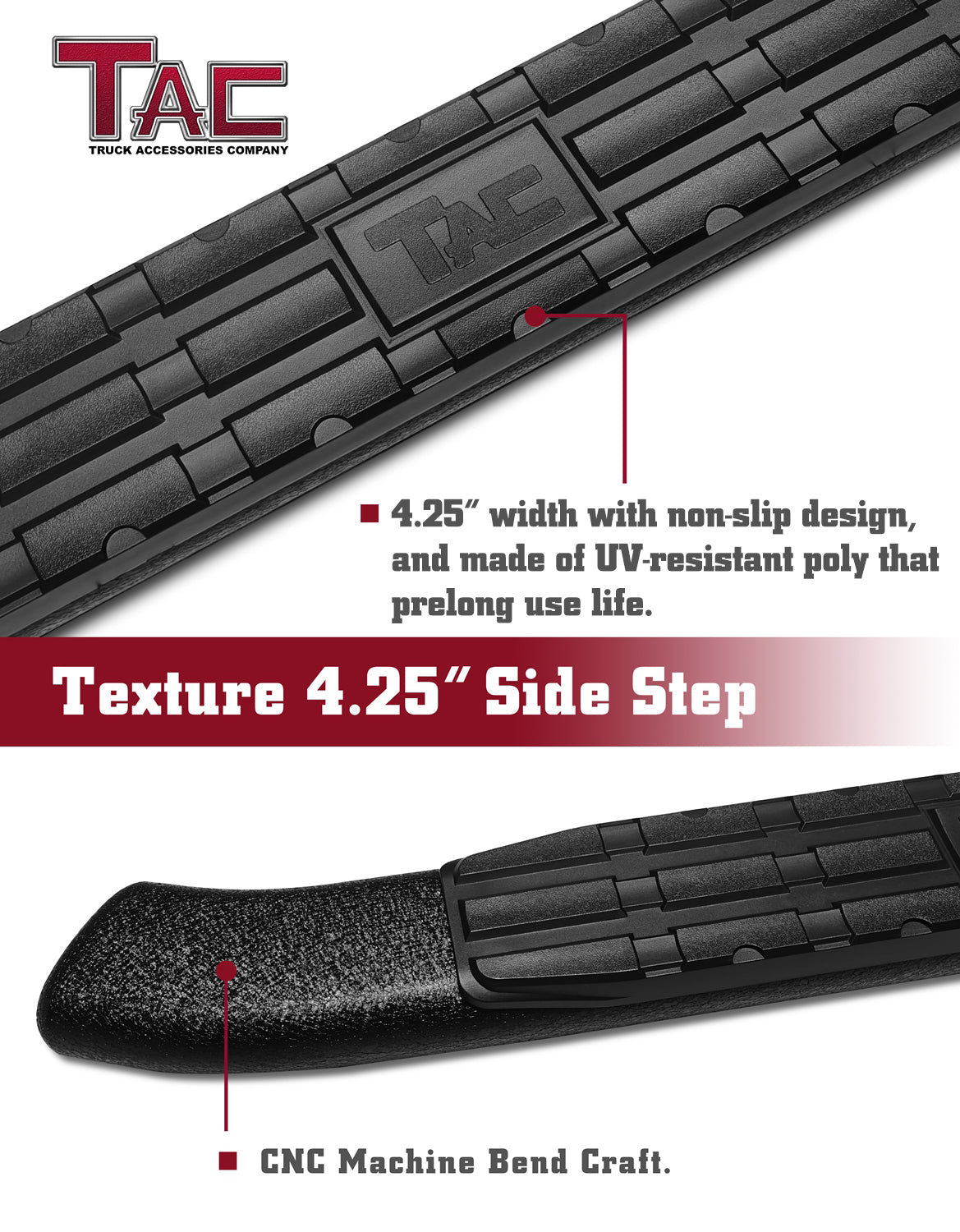 TAC Heavy Texture Black PNC Side Steps For 2019-2025 Ford Ranger SuperCrew Truck Pickup | Running Boards | Nerf Bars | Side Bars