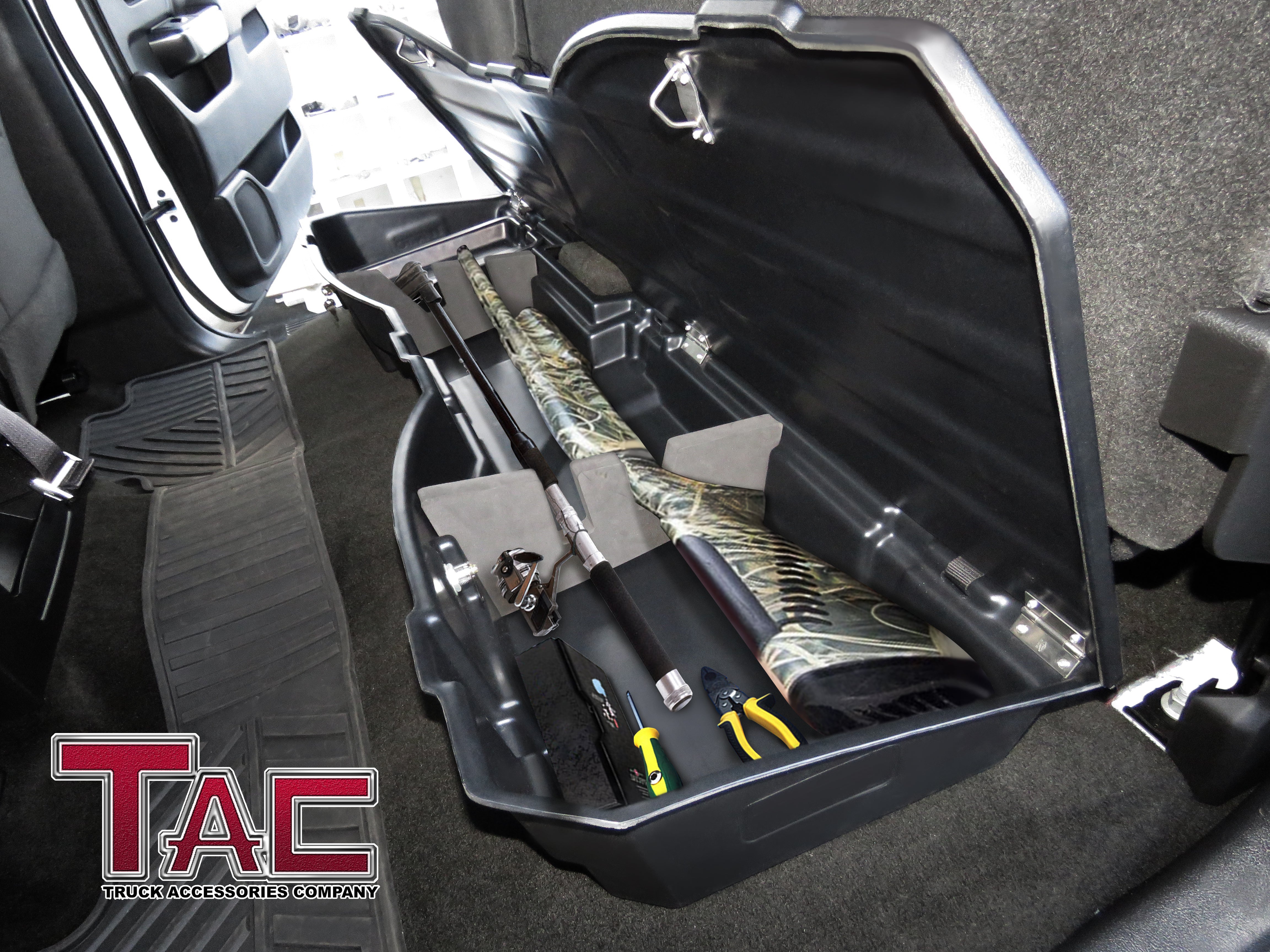 TAC Under Seat Storage Box Fit 2007-2018 Chevy Silverado/GMC Sierra 1500 | 2007-2019 Chevy Silverado/GMC Sierra 2500/3500 Crew Cab Pickup Truck Interior Rear Gun Case Lockable Cargo Box Black