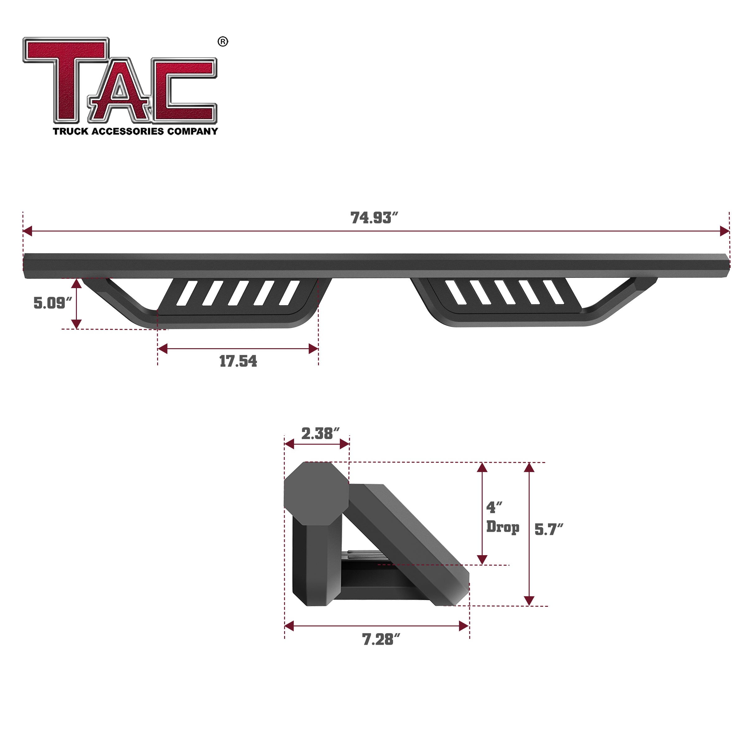 TAC Gen5 Running Boards Compatible with 2024-2025 Toyota Tacoma Double Cab (Incl. Hybrid Model)| 4"-Drop Side Steps Nerf Bars | Pickup Truck Off-Road Exterior Accessories | Fine Texture Black (2pcs)