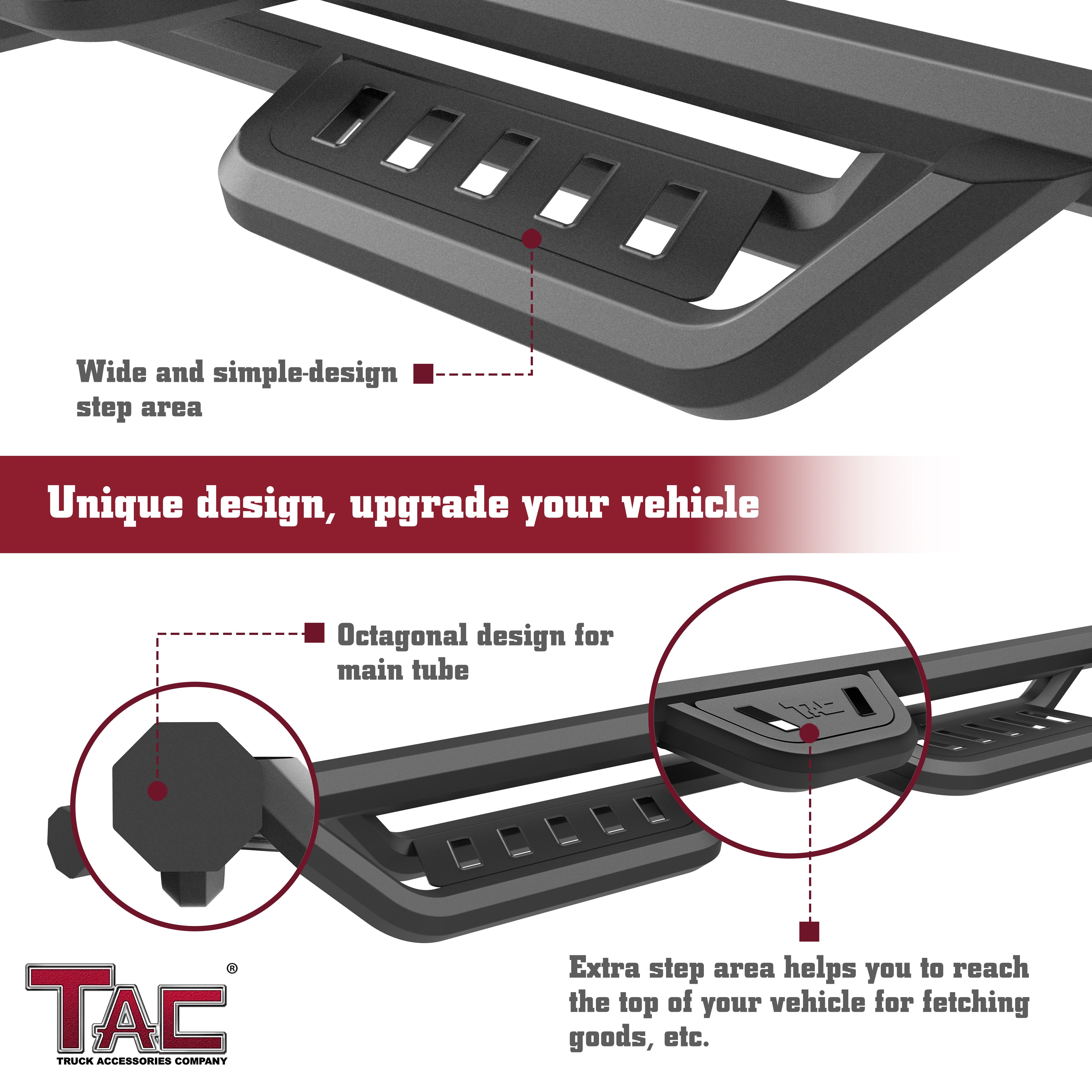 TAC Gen5HD Running Boards W/T 4"-Drop Compatible with 2024-2025 Toyota Tacoma Double Cab (Incl. Hybrid Model) Truck| Side Steps| Nerf Bar| Two-Stair| 2 pcs