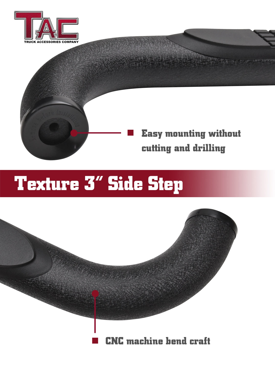 TAC 3" Texture Black Side Steps Compatible with 2020-2024 Toyota Highlander (Exclude Hybrid)| Running Boards| Side Bars| Step Rails| Nerf Bars| Rocker Slider| SUV Accessories (2 PCS)