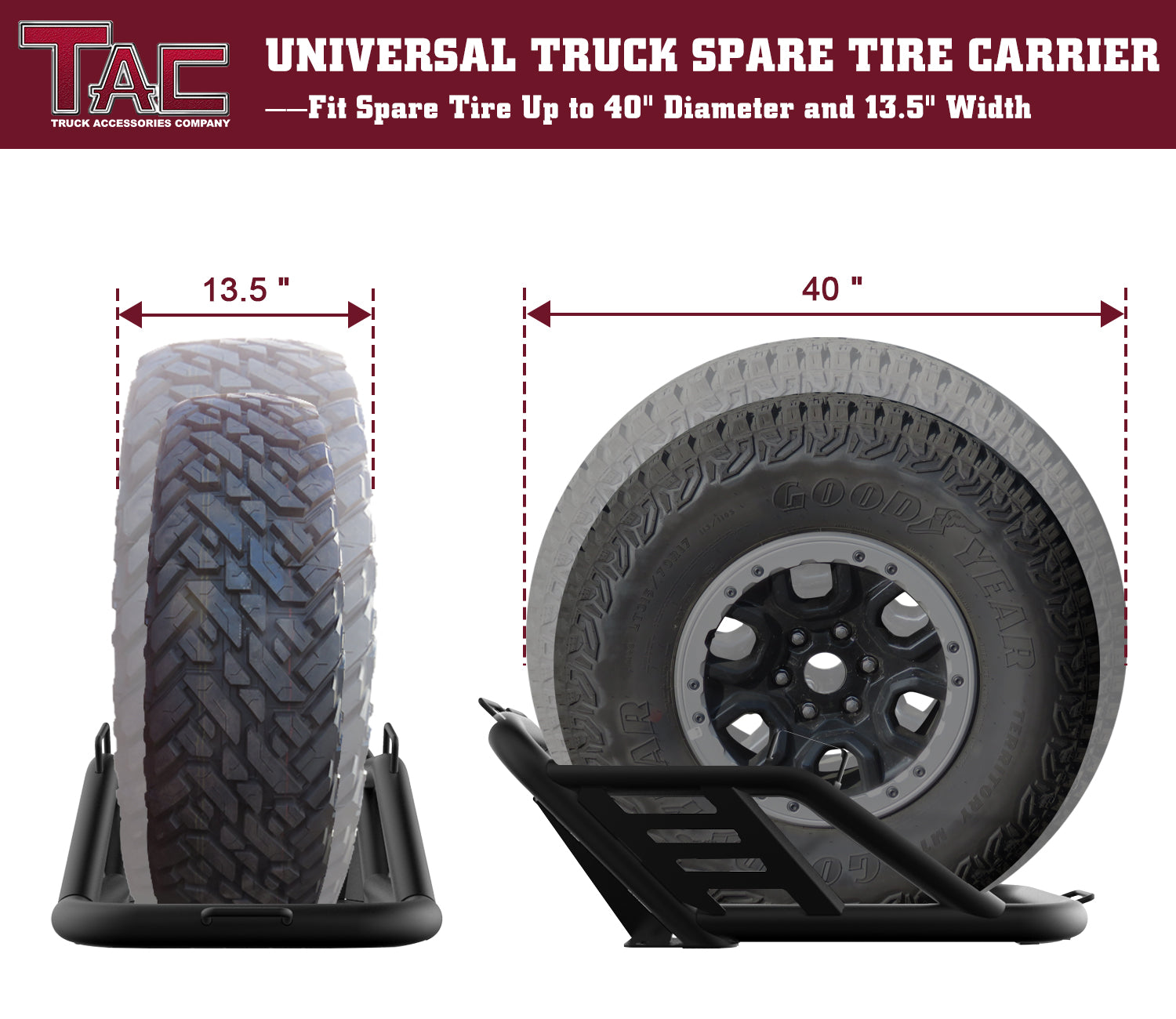 TAC Universal Spare Tire Carriers Heavy Duty Pickup Truck Spare Tire Mount Allows Use of 40inch Spare Tire Fine Textured Black