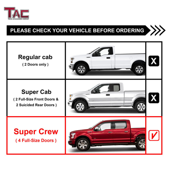 TAC Fine Texture Frigate Running Boards for 2015-2023 Ford F150 & 2022-2023 F150 Lightning EV SuperCrew Cab/2017-2023 F250-550 Crew Cab Truck | Side Steps | Nerf Bars | Side Bars