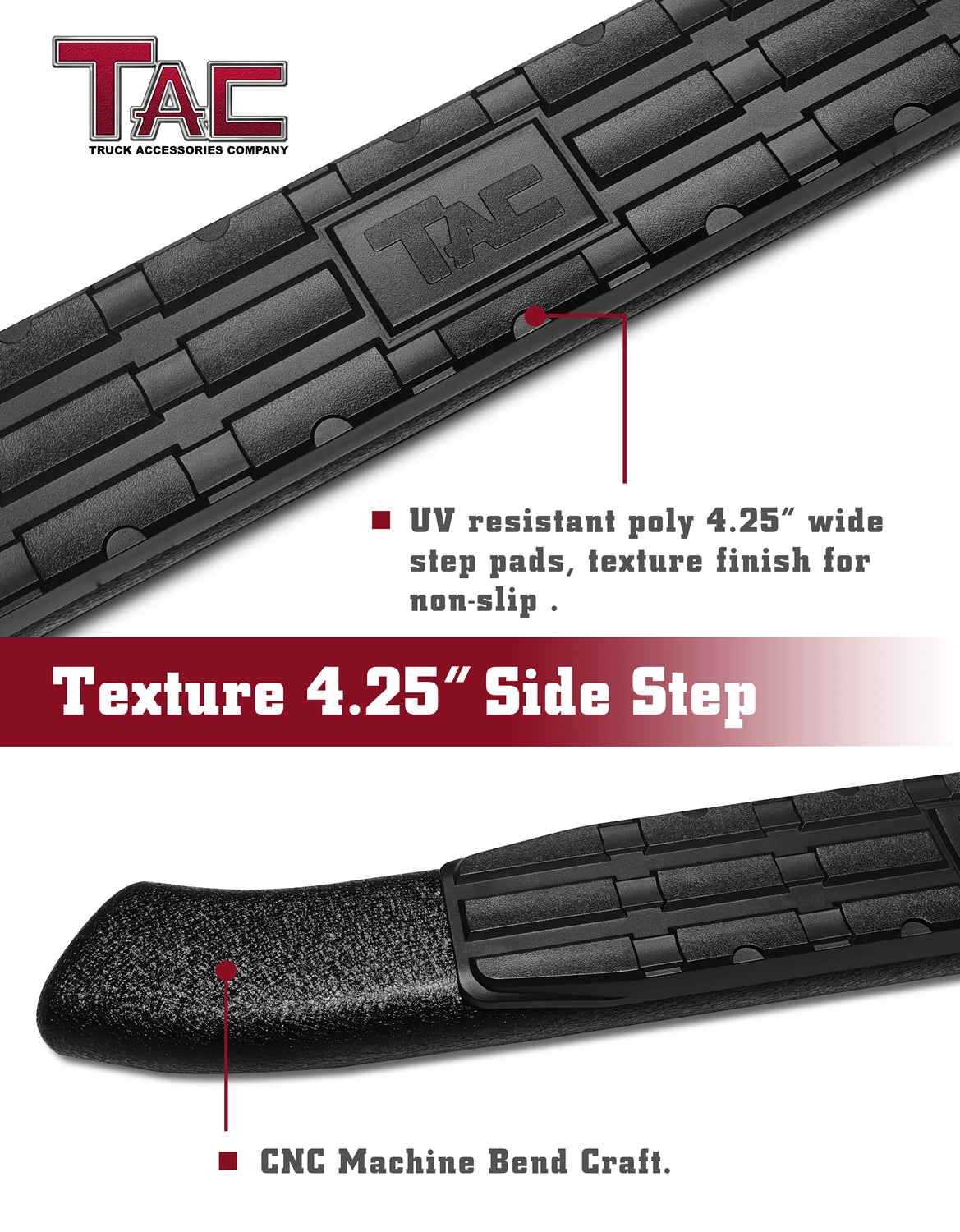 TAC Heavy Texture Black PNC Side Steps For 2015-2025 Ford F150 & 2022-2025 F150 Lightning EV SuperCrew Cab / 2017-2025 Ford F250/F350/F450/F550 Super Duty Crew Cab Truck | Running Boards | Nerf Bars | Side Bars