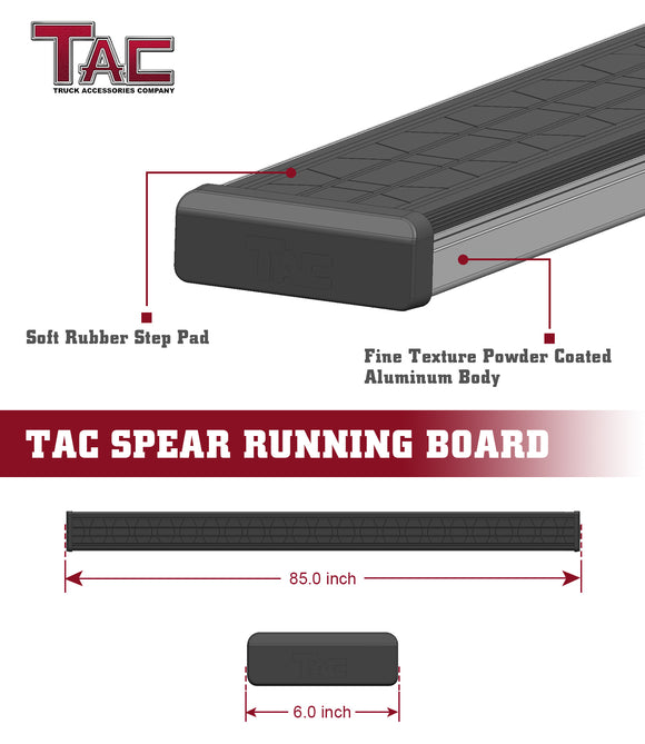 TAC Spear Running Boards Compatible with 2020-2025 Jeep Gladiator JT Pickup 6" Side Step Rail Nerf Bar Truck Accessories Aluminum Texture Black Width Body and Soft top Lightweight 2Pcs