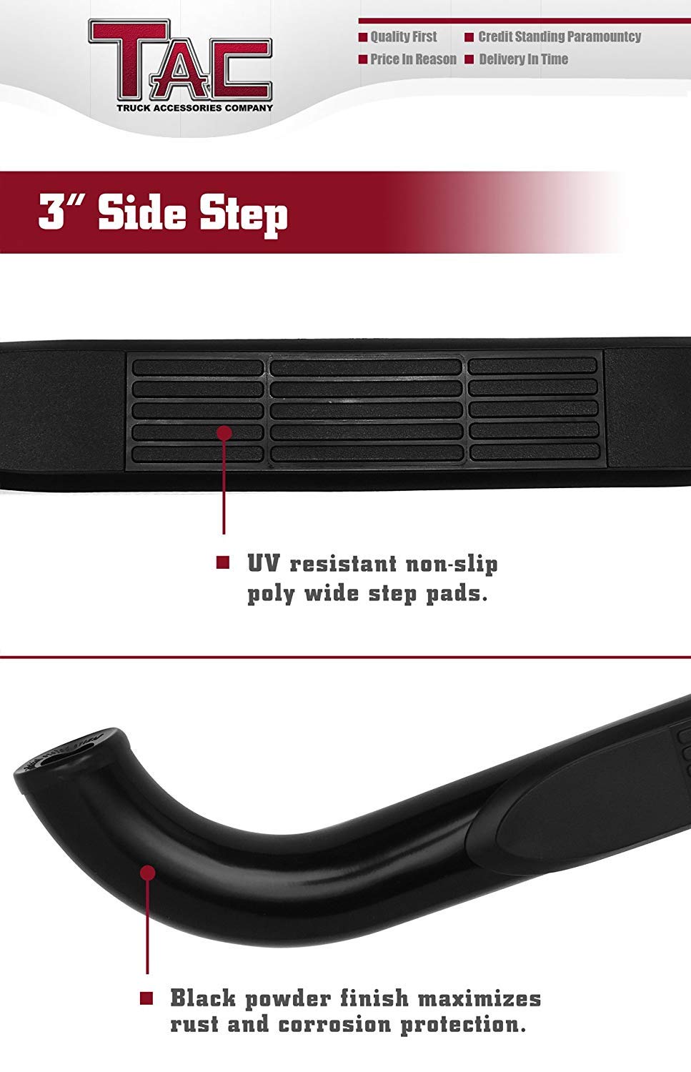 TAC 3" Gloss Black Side Steps Compatible with 2015-2025 Ford F150 Super Cab | 2017-2025 Ford F250/F350 Super Duty Super Cab| Running Boards| Side Bars| Step Rails| Nerf Bars| Rocker Slider| Pickup Truck Accessories (2 PCS)