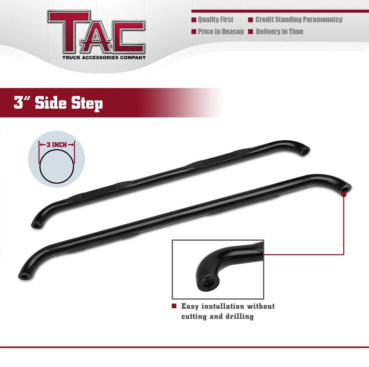 TAC 3" Gloss Black Side Steps Compatible with 2015-2025 Ford F150 Super Cab | 2017-2025 Ford F250/F350 Super Duty Super Cab| Running Boards| Side Bars| Step Rails| Nerf Bars| Rocker Slider| Pickup Truck Accessories (2 PCS)