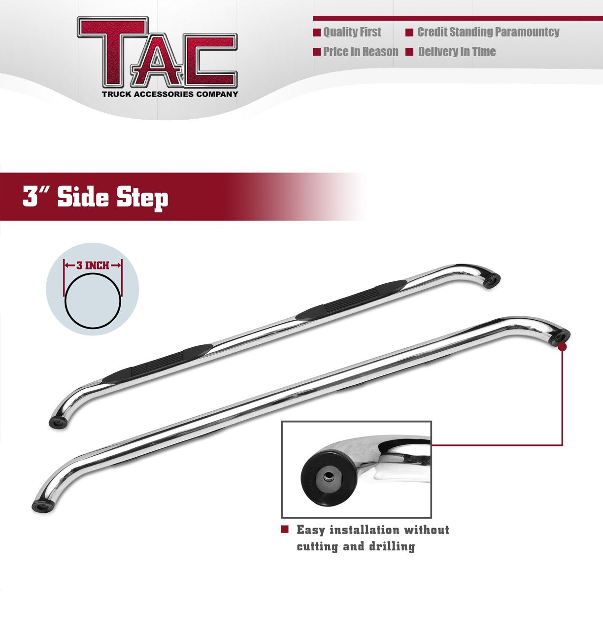 TAC 3" Stainless Steel Side Steps Compatible with 2001-2018 Chevy Silverado/GMC Sierra 1500 Crew Cab| 2001-2019 Silverado/Sierra 2500/3500 Crew Cab (Excl. C/K Classic)| Running Boards| Side Bars| Step Rails| Nerf Bars (2 PCS)