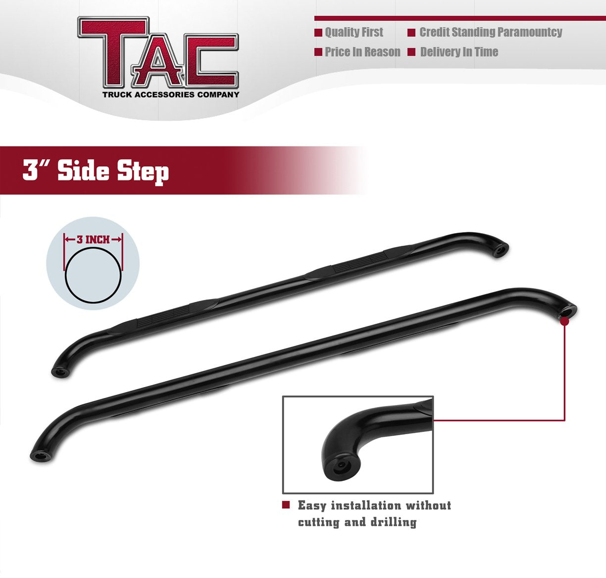 TAC 3" Gloss Black Side Steps Compatible with 2009-2018 Ram 1500 Crew Cab| 2019-2024 Ram 1500 Classic| 2010-2025 Ram 2500/3500/4500/5500 Crew Cab (Incl. Chassis Cab Diesel models)| Running Boards| Side Bars| Step Rails| Nerf Bars| Accessories (2 PCS)