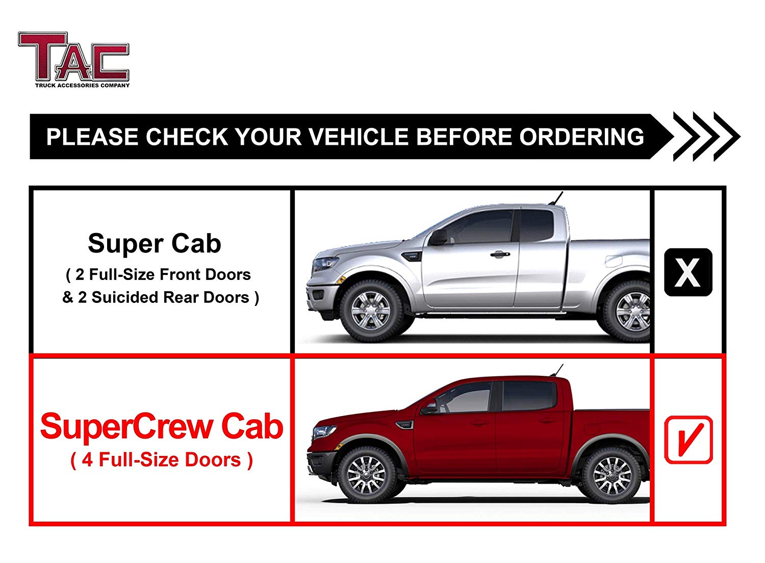 TAC Heavy Texture Black PNC Side Steps For 2019-2023 Ford Ranger SuperCrew Truck Pickup | Running Boards | Nerf Bars | Side Bars