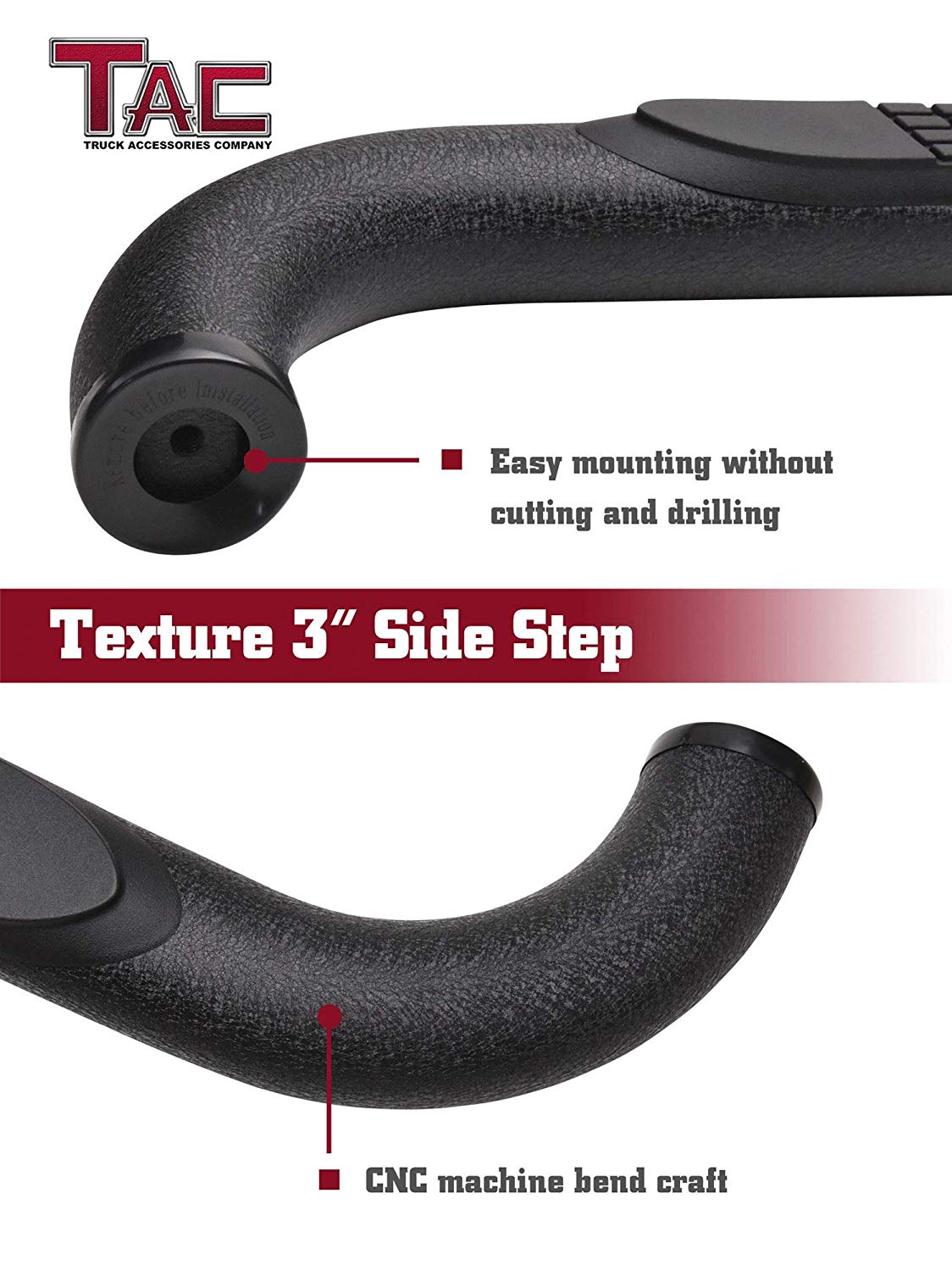 TAC 3" Texture Black Side Steps Compatible with 2001-2018 Chevy Silverado/GMC Sierra 1500 Crew Cab| 2001-2019 Silverado/Sierra 2500/3500 Crew Cab (Excl. C/K Classic) | Running Boards| Side Bars| Step Rails| Nerf Bars| Pickup Truck Accessories (2 PCS)