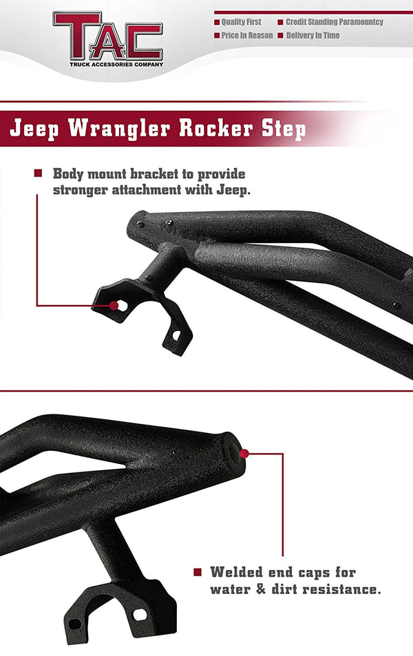 TAC Heavy Texture Black Armor Steps for 2007-2018 Jeep Wrangler JK 2 Door (Excl. 2018 Wrangler JL) | Running Boards | Nerf Bars | Side Bars