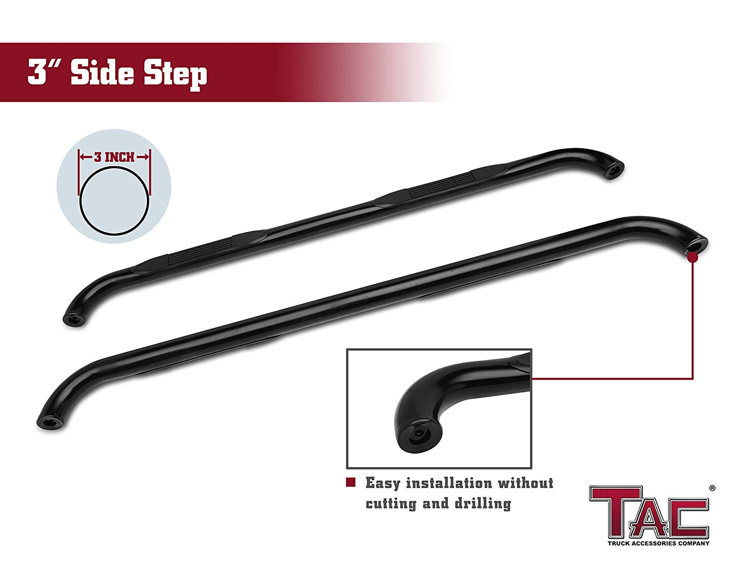 TAC 3" Gloss Black Side Steps Compatible with 2000-2020 Chevy Tahoe (Excl. 02-06 Z71) / GMC Yukon 1/2 Ton| Running Boards| Side Bars| Step Rails| Nerf Bars| Rocker Slider| Pickup Truck Accessories (2 PCS)