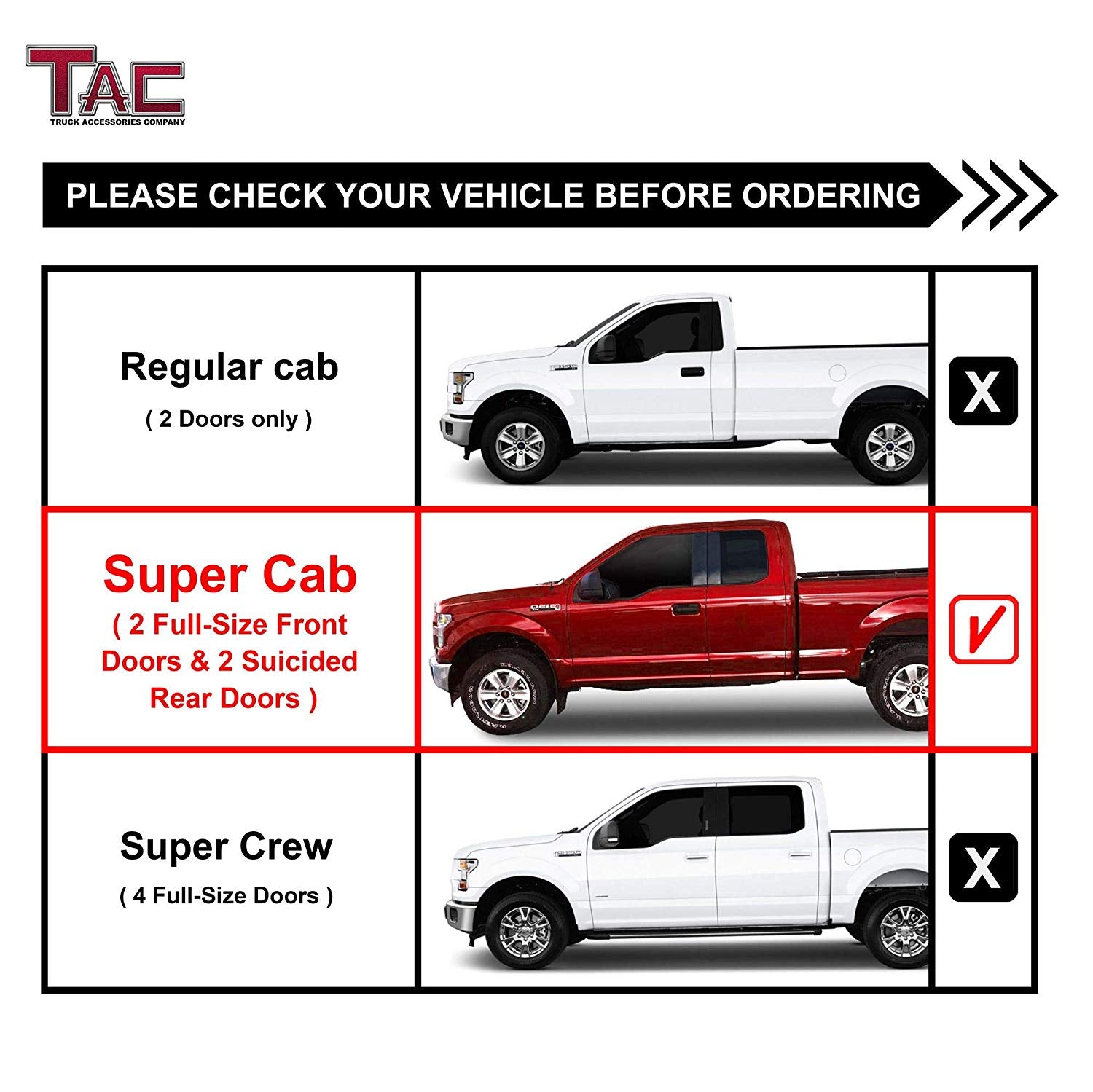 TAC 3" Gloss Black Side Steps Compatible with 2015-2025 Ford F150 Super Cab | 2017-2025 Ford F250/F350 Super Duty Super Cab| Running Boards| Side Bars| Step Rails| Nerf Bars| Rocker Slider| Pickup Truck Accessories (2 PCS)