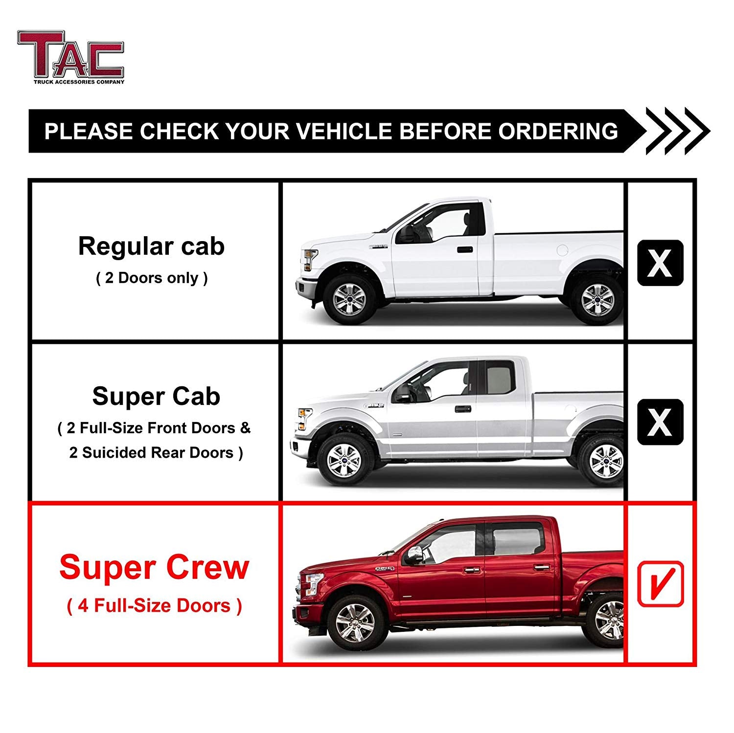 TAC 3" Texture Black Side Steps Compatible with 2015-2025 Ford F150 Supercrew Cab| 2022-2025 F150 Lightning EV| 2017-2025 Ford F250/F350/F450/F550 Crew Cab| Running Boards| Side Bars| Step Rails| Nerf Bars| Rocker Slider| Truck Accessories (2 PCS)