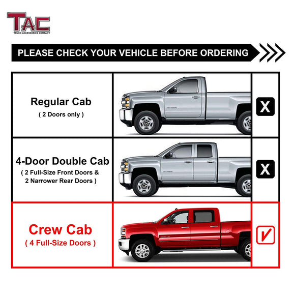 TAC 3" Texture Black Side Steps Compatible with 2001-2018 Chevy Silverado/GMC Sierra 1500 Crew Cab| 2001-2019 Silverado/Sierra 2500/3500 Crew Cab (Excl. C/K Classic) | Running Boards| Side Bars| Step Rails| Nerf Bars| Pickup Truck Accessories (2 PCS)