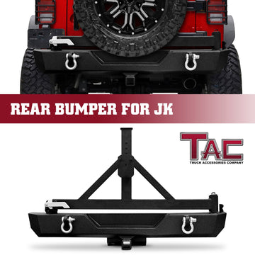 TAC Heavy Texture Black Rear Bumper and Swing Tire Carrier for 2007-2018 Jeep Wrangler JK (Exclude 18 JL Models)(2" Hitch Receiver and 4.75 Ton D-Rings Included) Front Bumper Brush Grille Guard Nudge Bar
