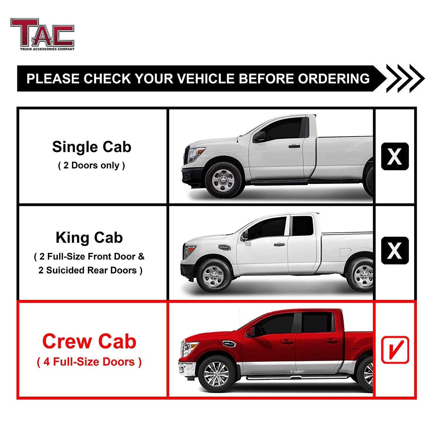 TAC 3" Stainless Steel Side Steps Compatible with 2004-2024 Nissan Titan Crew Cab / 2016-2024 Nissan Titan XD Crew Cab| Running Boards| Side Bars| Step Rails| Nerf Bars| Rocker Slider| Pickup Truck Accessories (2 PCS)