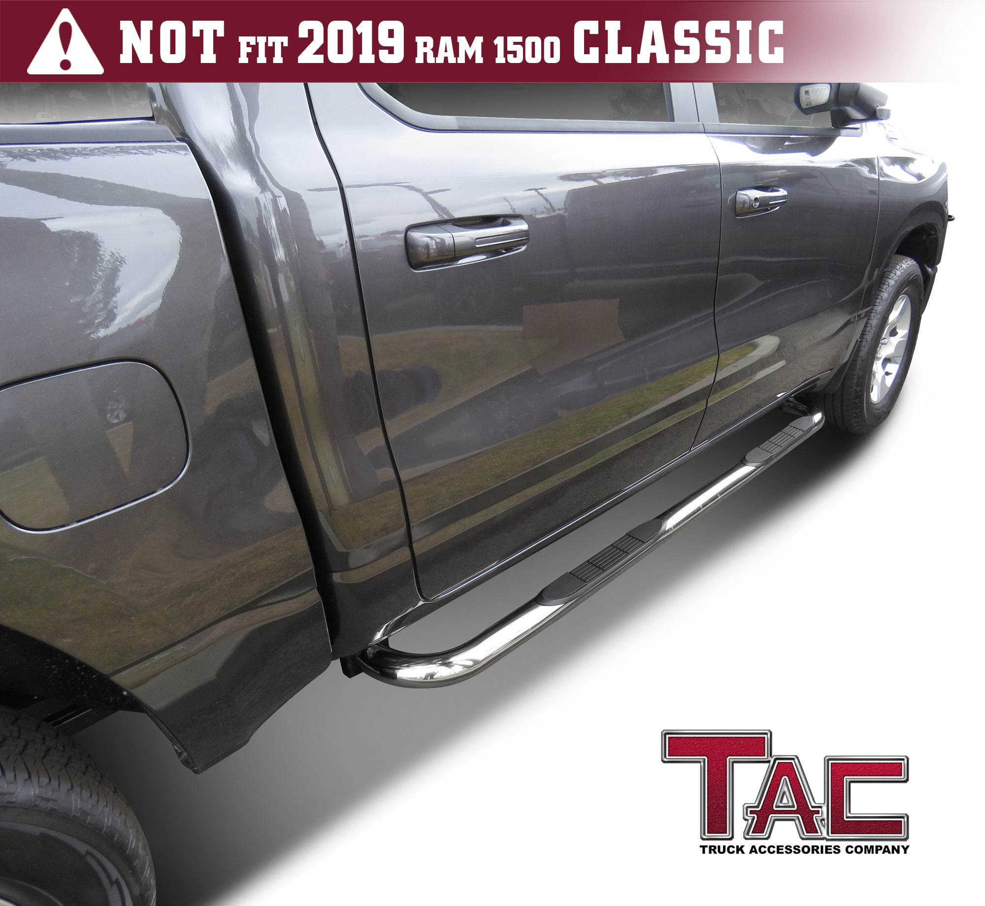 TAC 3" Stainless Steel Side Steps Compatible with 2019-2024 Ram 1500 Crew Cab (Excl. 2019-2024 Ram 1500 Classic)| Running Boards| Side Bars| Step Rails| Nerf Bars| Rocker Slider| Pickup Truck Accessories (2 PCS) - 0