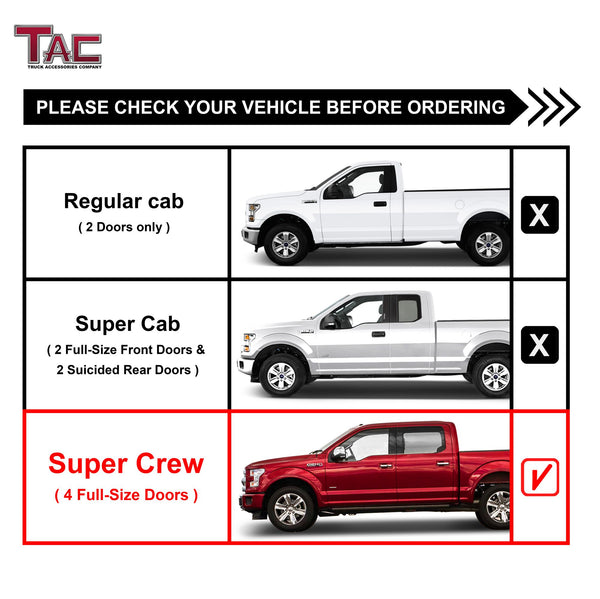 TAC Sniper Running Boards Fit 2015-2024 Ford F150 Supercrew Cab | 2022-2024 F150 Lighting EV | 2017-2024 F250/350/450/550 Super Duty Crew Cab Truck Pickup 4"  Fine Texture Black Side Steps Nerf Bars